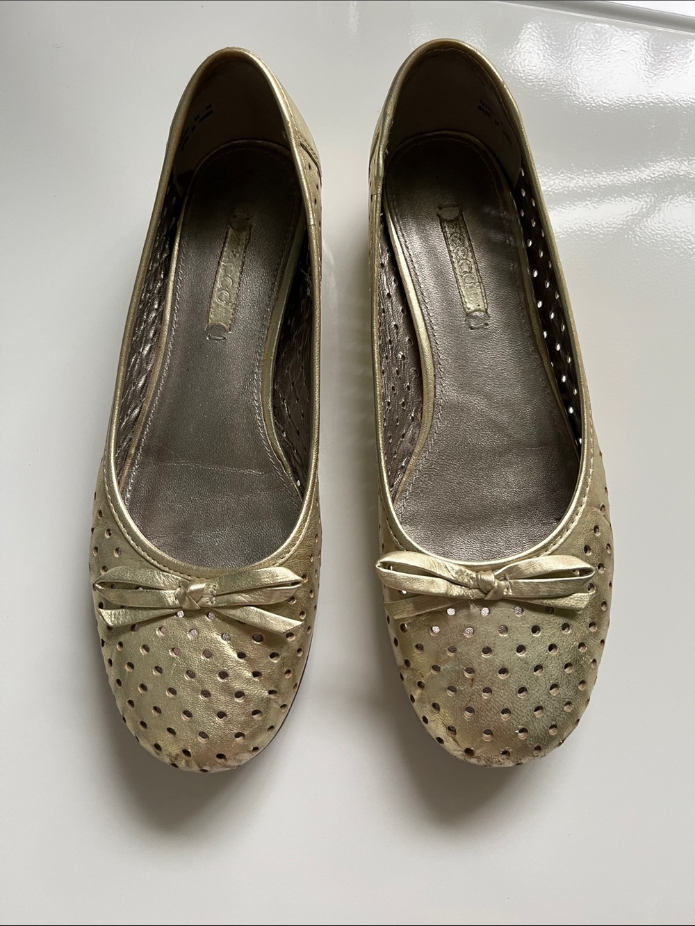 Ecco Metallic Gold Perforated Ballet Flats with Bow Accent